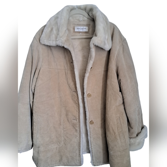VTG JONES NEW YORK leather suede sherpa lined heavy winter coat tan beige L-XL - Picture 7 of 11